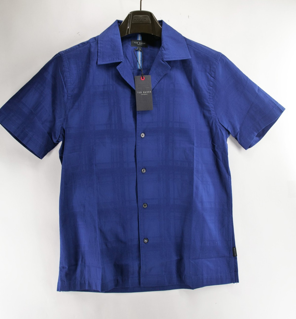 Ted Baker NWT Men's Small Textured Camp Shirt Midnight Sail Blue Short Sleeve